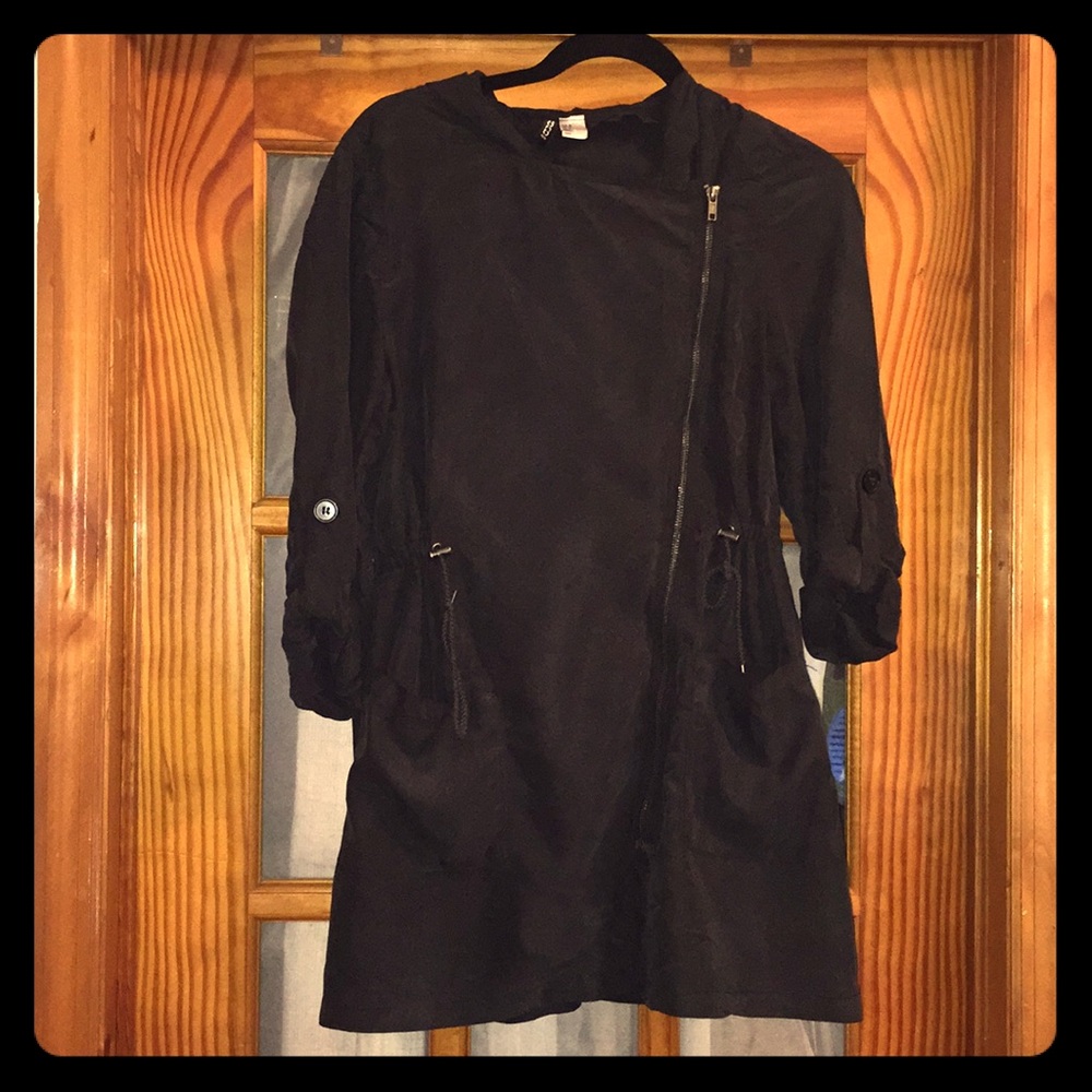 H&M Black Hooded Asymmetrical Zip Jacket, Size 6